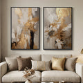 Large Framed Neutral Abstract Wall Art, 2 Piece Beige Gold Set for Living Room