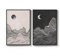 Large Framed Mountain and Moon Wall Art, Set of 2 in Black and White