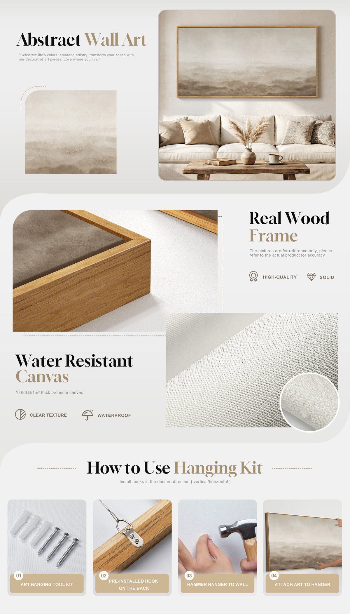 Large Framed Rustic Landscape Neutral Beige Brown Abstract Minimalist Wall Art for Living Room - detail 1