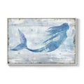 Large Framed Rustic Blue and White Coastal Ocean Mermaid Canvas Wall Art Decor for Living Room