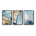 Large Framed Blue and Gold Abstract Modern Minimalist Elegant Wall Art for Living Room Set of 3