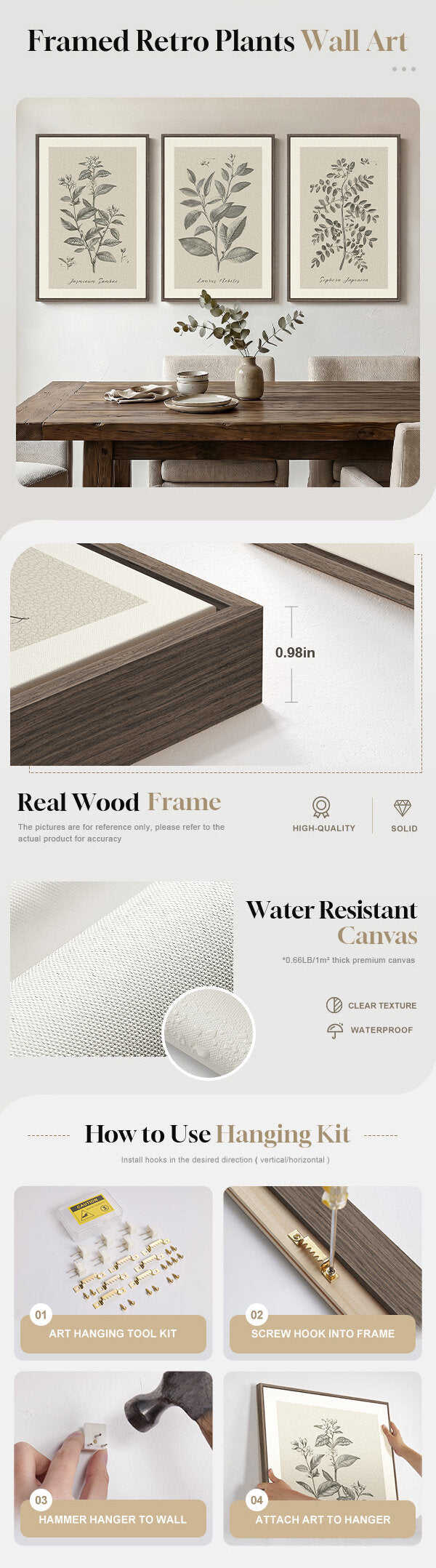 Framed 3 Piece Neutral Vintage Botanical Wall Art for Dining Room - mobile detail 1