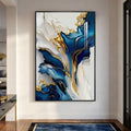 Extra Large Framed Blue White and Gold Modern Abstract Vertical Wall Art for Living Room