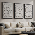 Large Framed White Abstract Wall Art, 3D Textured Geometric Set of 3