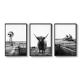 Framed Highland Cow Wall Art Set of 3, Black and White Farmhouse Decor