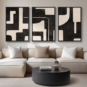Large Framed Neutral Abstract Wall Art for Living Room, 3 Piece Black Beige Set