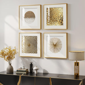 4 Piece Framed Modern Gold and White Wall Art for Living Room, Plexiglass with Mat