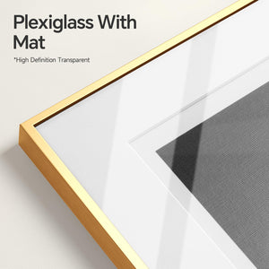 4 Piece Framed Modern Gold and White Wall Art for Living Room, Plexiglass with Mat