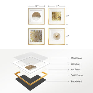 4 Piece Framed Modern Gold and White Wall Art for Living Room, Plexiglass with Mat