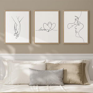 Framed Minimalist Couple Love Heart Line Canvas Wall Art Black and White Artwork Bedroom Set of 3