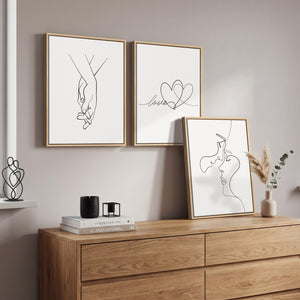 Framed Minimalist Couple Love Heart Line Canvas Wall Art Black and White Artwork Bedroom Set of 3