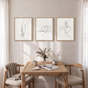 Framed Minimalist Couple Love Heart Line Canvas Wall Art Black and White Artwork Bedroom Set of 3