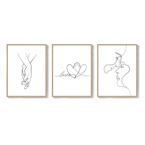Framed Minimalist Couple Love Heart Line Canvas Wall Art Black and White Artwork Bedroom Set of 3