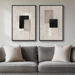 Framed Modern Black Beige Abstract Canvas Wall Art Decor Set of 2
