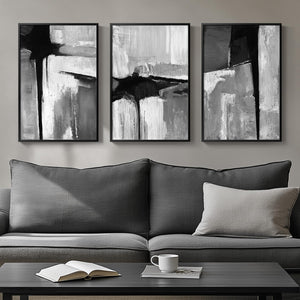 Framed Black White Gray Neutral  Abstract Modern Minimalist Wall Art for Living Room Set of 3