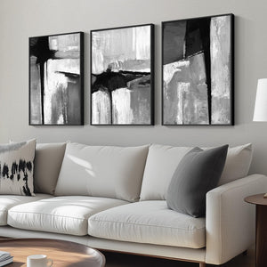 Framed Black White Gray Neutral  Abstract Modern Minimalist Wall Art for Living Room Set of 3