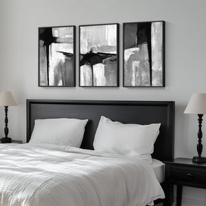 Framed Black White Gray Neutral  Abstract Modern Minimalist Wall Art for Living Room Set of 3