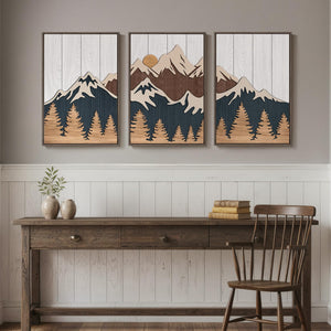 Large Framed 3D Wood Mountain Wall Art Decor for Living Room, Bedroom, Office Set of 3