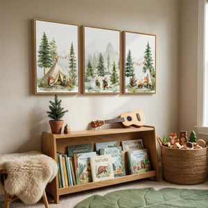 Framed Modern Farmhouse Forest Animal Wall Art Rustic Nature Cute Whimsical Bear Fox Rabbit Wall Decor for Nursery Set of 3