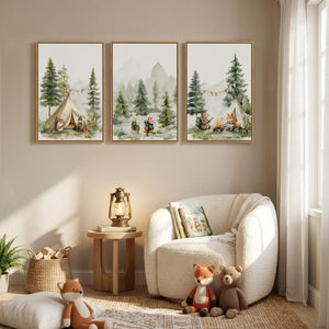 Framed Modern Farmhouse Forest Animal Wall Art Rustic Nature Cute Whimsical Bear Fox Rabbit Wall Decor for Nursery Set of 3