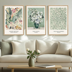 Framed Van Gogh Sage Green Vintage Botanical Canvas Wall Art Set of 3