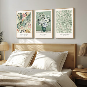 Framed Van Gogh Sage Green Vintage Botanical Canvas Wall Art Set of 3