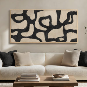 Extra Large Framed Black and Beige Abstract Mid Century Modern Minimalist Wall Art for Living Room