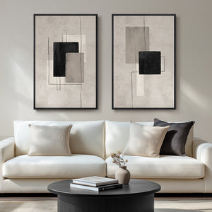 Large Framed Neutral Abstract Wall Art for Living Room, Set of 2 in Black and Beige