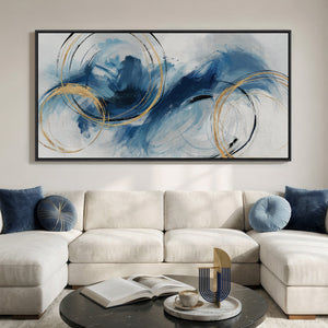 Extra Large Framed Navy Blue Abstract Wall Art, Oversized Horizontal Canvas