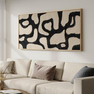 Extra Large Framed Black and Beige Abstract Mid Century Modern Minimalist Wall Art for Living Room