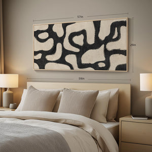 Extra Large Framed Black and Beige Abstract Mid Century Modern Minimalist Wall Art for Living Room