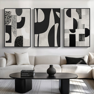 Large Framed Black and White Abstract Wall Art for Living Room, 3 Piece Set