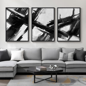Large Framed Minimalist Brushstroke Wall Art, 3 Piece Set in Black and White