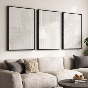 Large Framed 3D Textured Abstract Wall Art, 3 Piece White Geometric Set