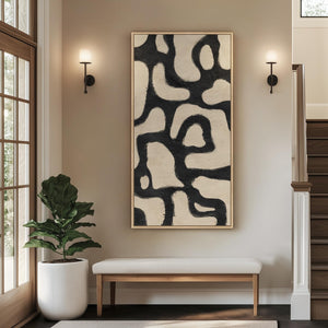 Extra Large Framed Black and Beige Abstract Mid Century Modern Minimalist Wall Art for Living Room