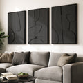 3D Textured Black Abstract Wall Art, Large Framed 3 Piece Set for Living Room