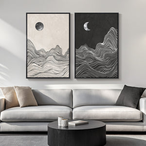 Large Framed Mountain and Moon Wall Art, Set of 2 in Black and White
