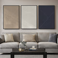 Neutral Abstract Wall Art, Large Framed 3 Piece Set in Beige and Deep Blue
