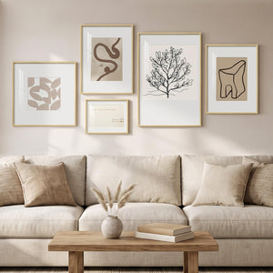 Large Framed Modern Minimalist Geometric Abstract Neutral Botanical Wall Art for Living Room Set of 5