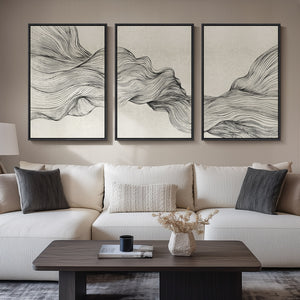 Large Framed Neutral Abstract Wall Art, 3 Piece Set in Black and Beige