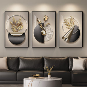 Large Framed Modern Elegant Wall Art for Living Room, 3 Piece Black and Gold Set