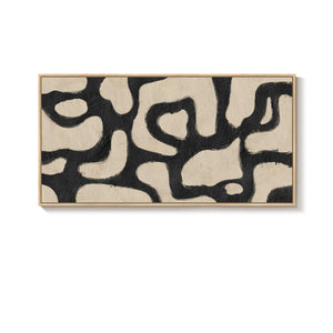 Extra Large Framed Black and Beige Abstract Mid Century Modern Minimalist Wall Art for Living Room