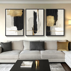 Large-frame black and gold abstract wall art three-piece set for the living room