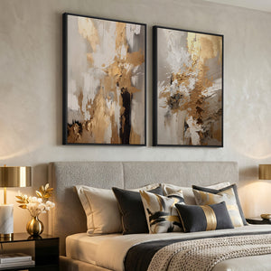 Large Framed Neutral Abstract Wall Art, 2 Piece Beige Gold Set for Living Room