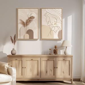 Large Framed Modern Neutral Beige Abstract Wall Art Contemporary Minimalist Canvas Prints for Living Room Set of 2
