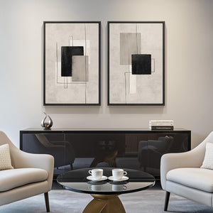 Large Framed Neutral Black Beige Abstract Wall Art Decor Set of 2