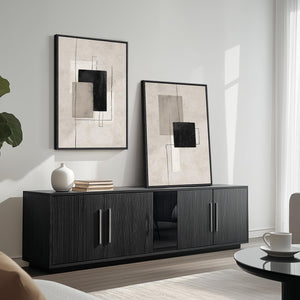 Large Framed Neutral Black Beige Abstract Wall Art Decor Set of 2