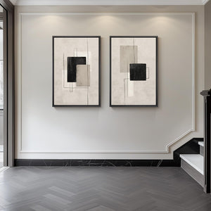 Large Framed Neutral Black Beige Abstract Wall Art Decor Set of 2