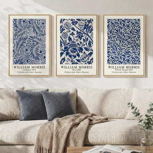 Large Framed William Morris Blue Botanical Waterproof Canvas Wall Art for Living Room Set of 3