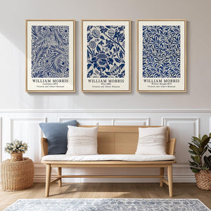 Large Framed William Morris Blue Botanical Waterproof Canvas Wall Art for Living Room Set of 3